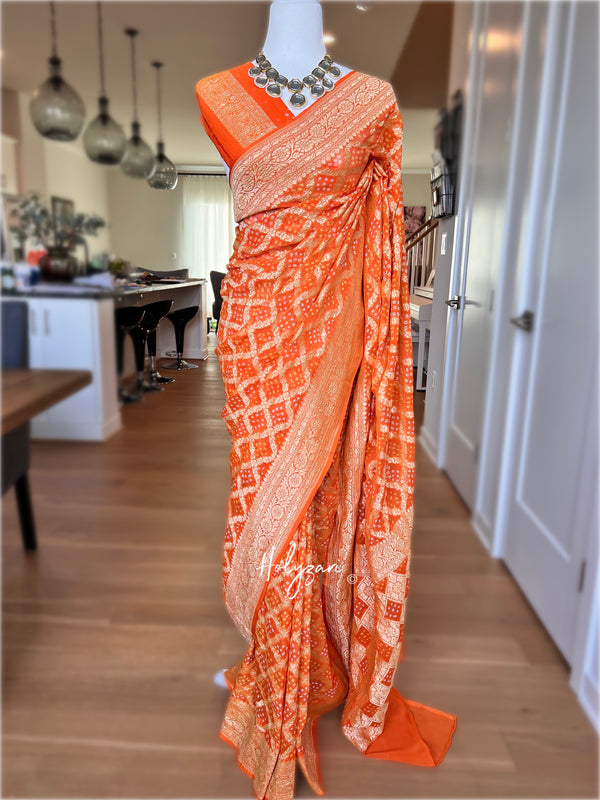 Orange Khaddi Georgette Banarasi Saree in Rai Bandhej/Bandhani