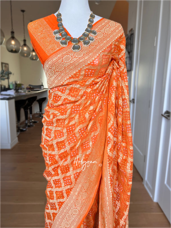 Orange Khaddi Georgette Banarasi Saree in Rai Bandhej/Bandhani
