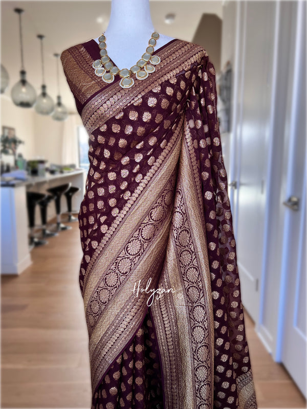 Dark Chocolate Brown Pure Banarasi Khaddi Georgette in Antique Zari With Blouse Piece