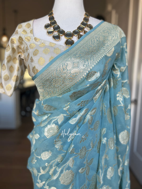 Pastel Blue Banarasi Khaddi Georgette Silver Zari Saree With Blouse Piece