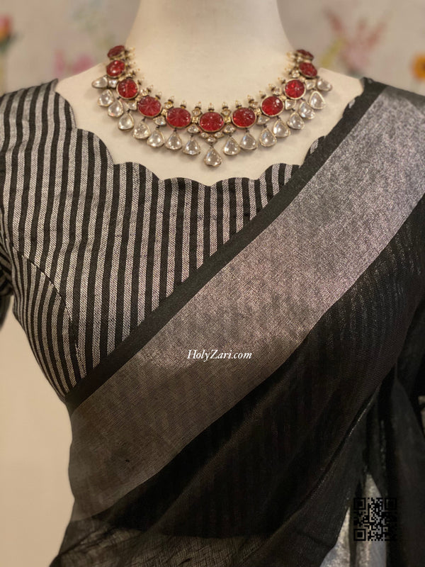 Preorder - Black Linen Saree with Unstitched Blouse Piece