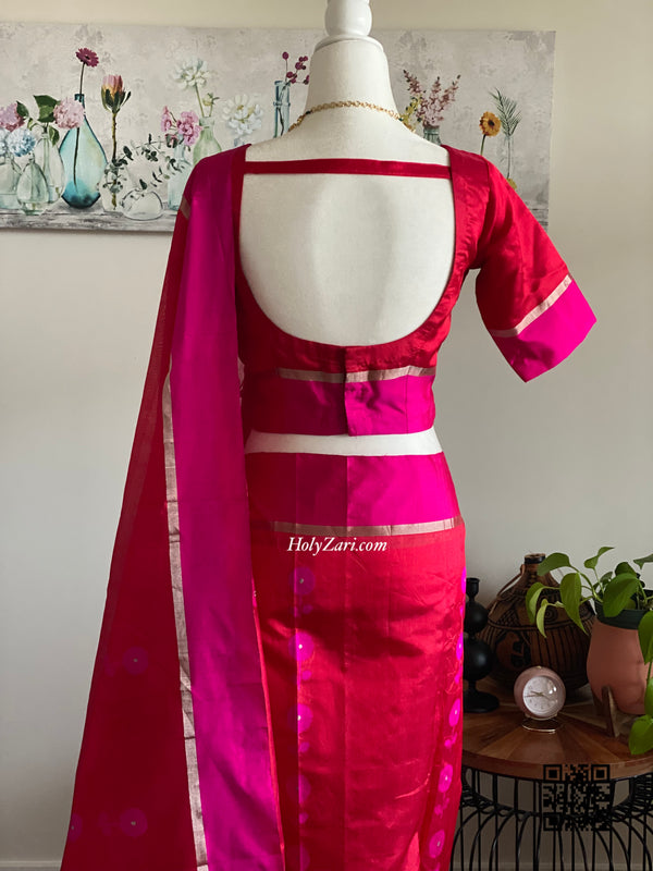 Fuchsia/Red Chanderi Silk Saree with Stitched blouse