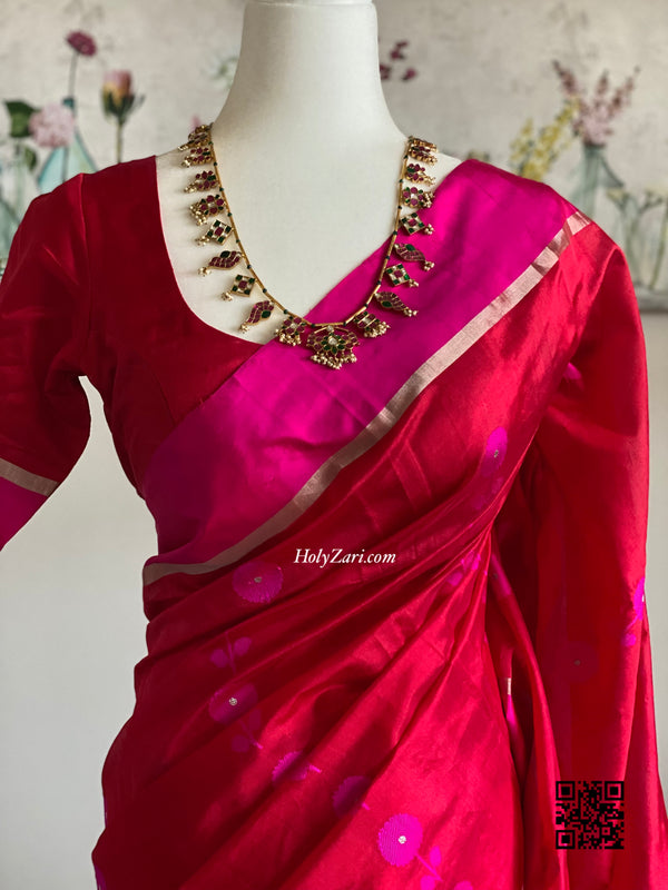 Fuchsia/Red Chanderi Silk Saree with Stitched blouse