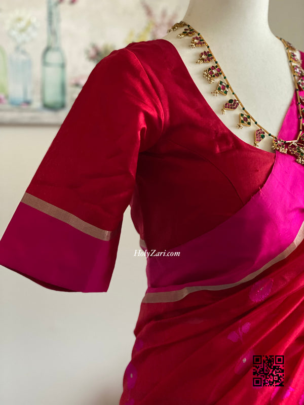 Fuchsia/Red Chanderi Silk Saree with Stitched blouse