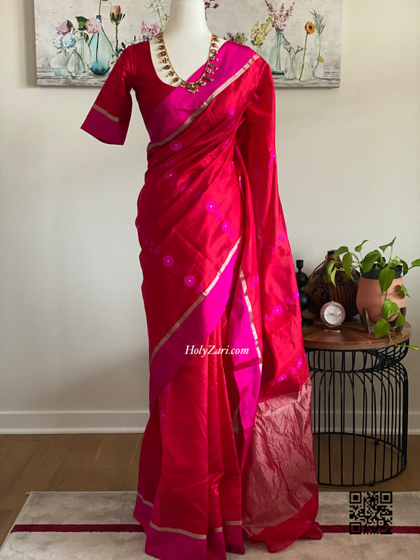 Fuchsia/Red Chanderi Silk Saree with Stitched blouse