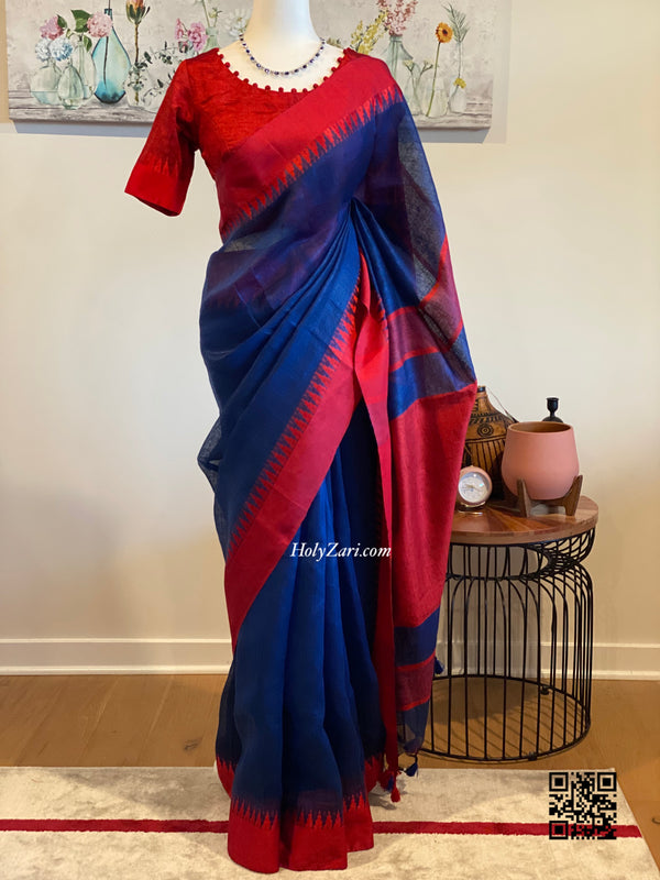 Blue/Red Linen Saree with Stitched Blouse