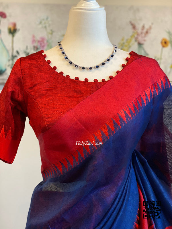 Blue/Red Linen Saree with Stitched Blouse