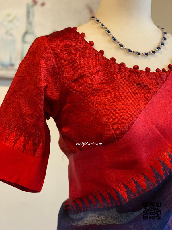 Blue/Red Linen Saree with Stitched Blouse