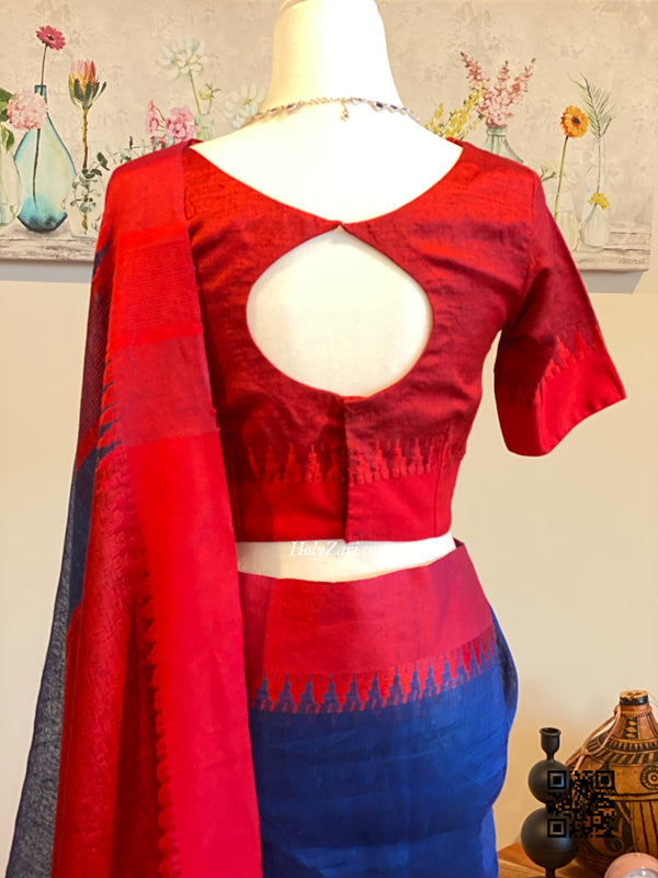 Blue/Red Linen Saree with Stitched Blouse