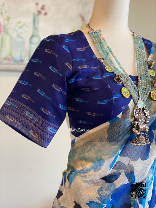 Blue Floral Linen Saree with Stitched Blouse