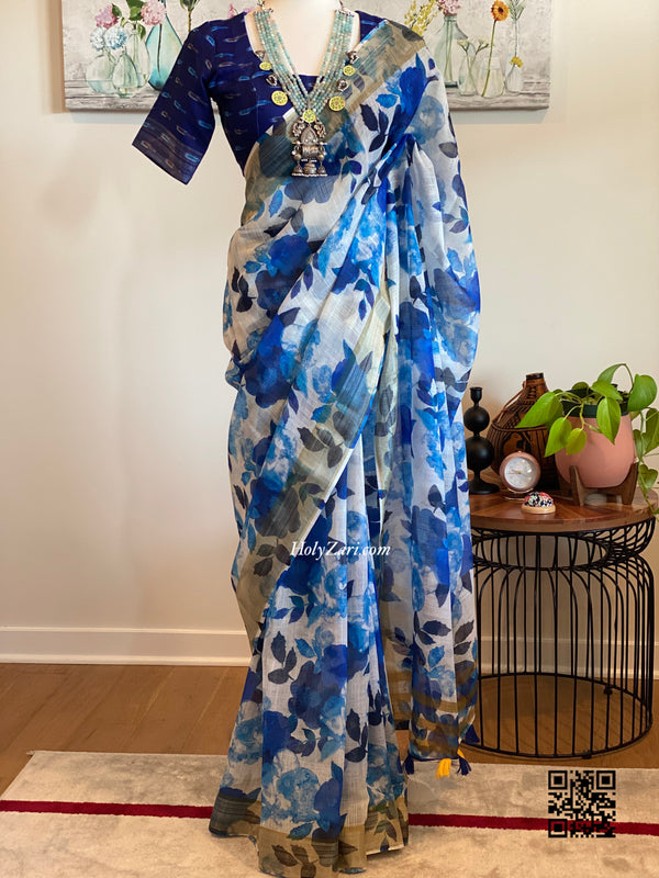 Blue Floral Linen Saree with Stitched Blouse