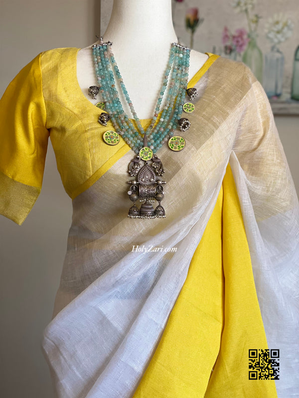 Lemon Yellow and White Linen Saree with Stitched Blouse
