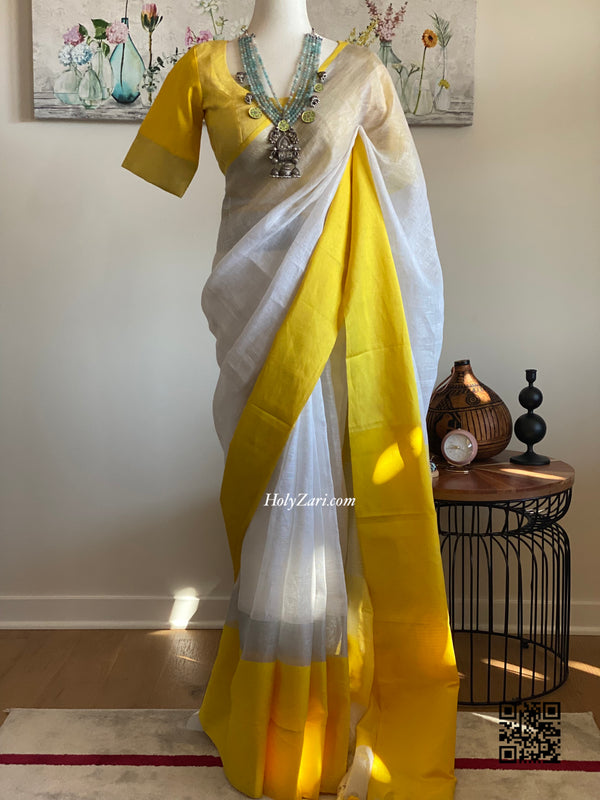 Lemon Yellow and White Linen Saree with Stitched Blouse
