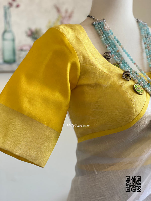 Lemon Yellow and White Linen Saree with Stitched Blouse