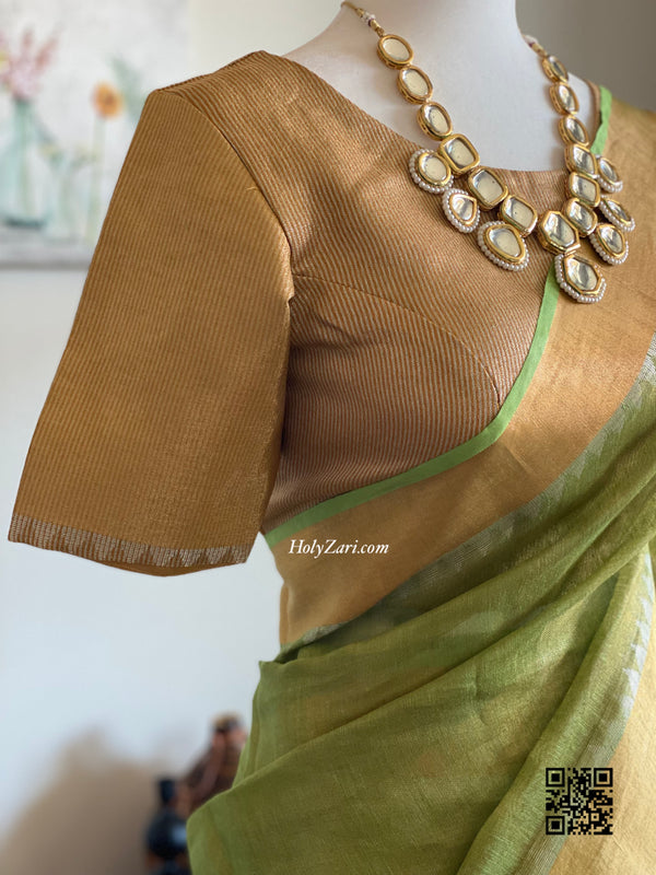 Lime Green/ Pink/ Peach Tissue Linen Saree with Stitched Blouse
