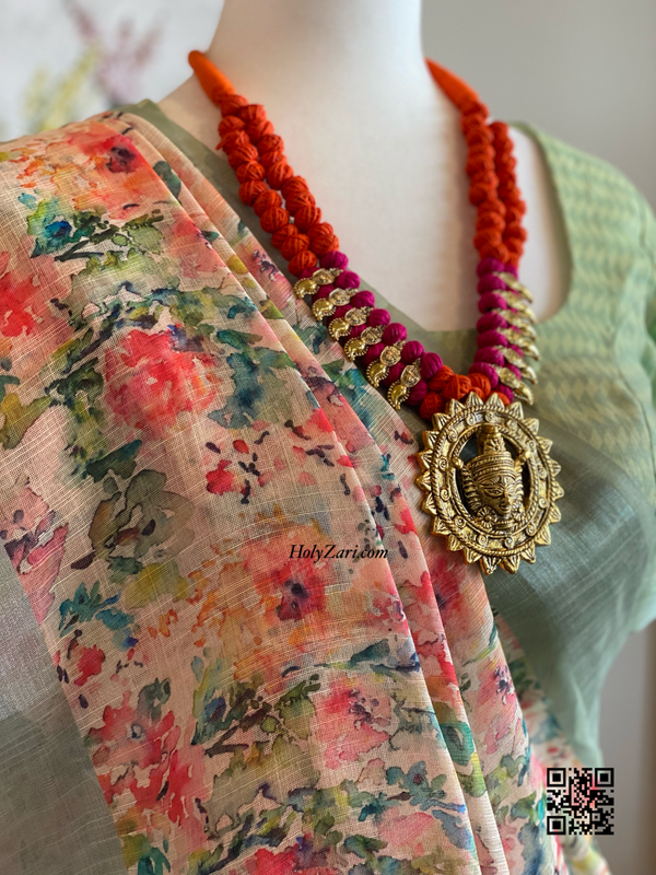 Mint Green Multicolored Floral Linen Saree with Stitched Blouse