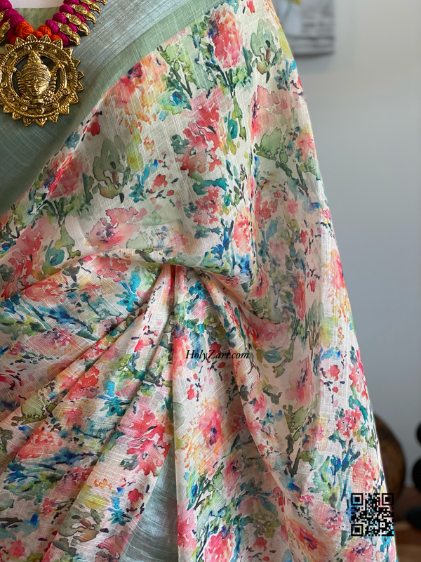 Mint Green Multicolored Floral Linen Saree with Stitched Blouse