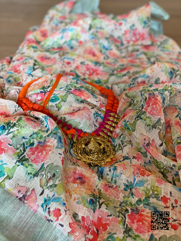 Mint Green Multicolored Floral Linen Saree with Stitched Blouse
