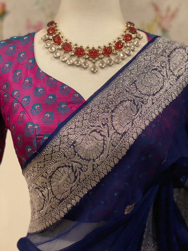 Navy Blue Banarasi Chiffon Saree