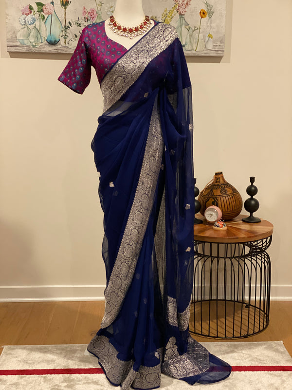 Navy Blue Banarasi Chiffon Saree