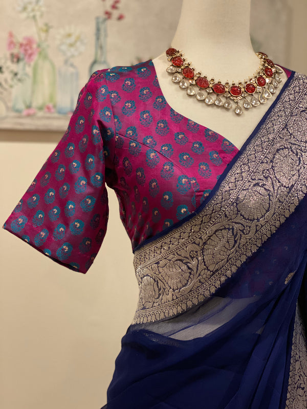 Navy Blue Banarasi Chiffon Saree