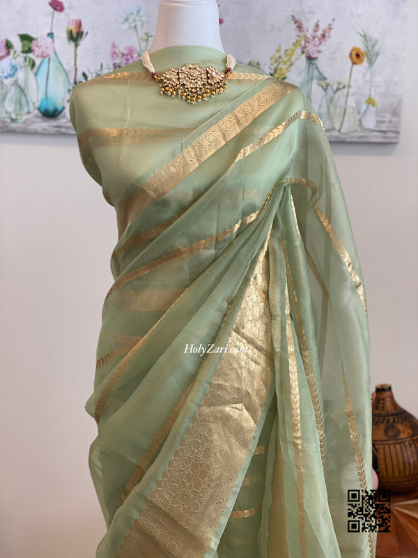Pastel Green Kora Banarasi Saree
