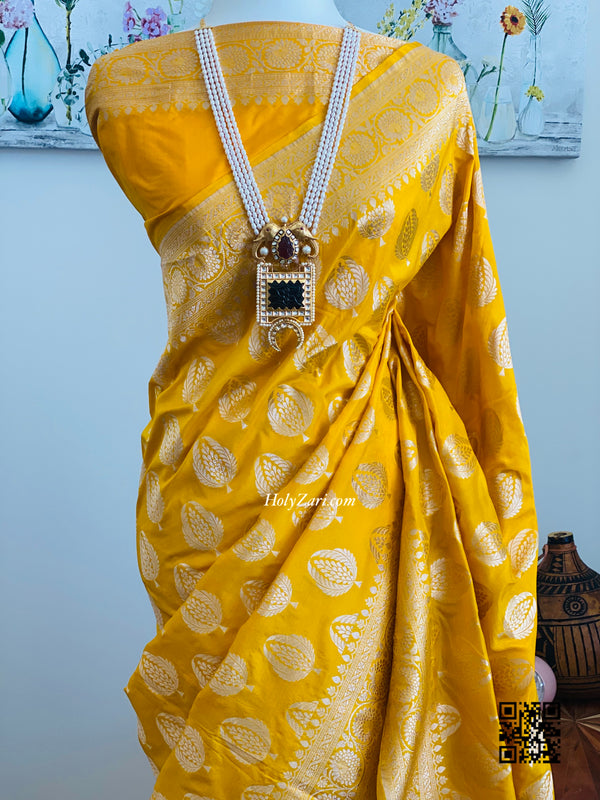 Yellow Pure Katan Silk Banarasi Saree with Stitched Blouse