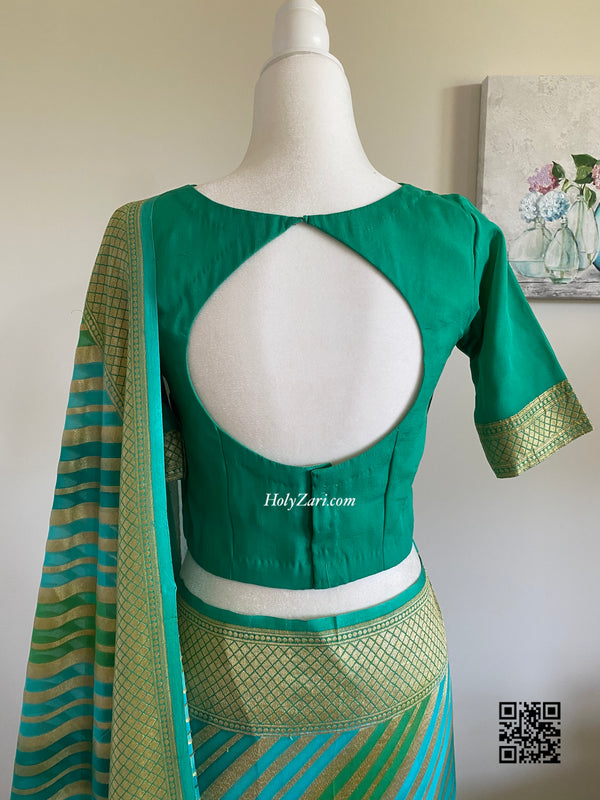 Aqua Blue Green Banarasi Khaddi Georgette Saree with stitched blouse
