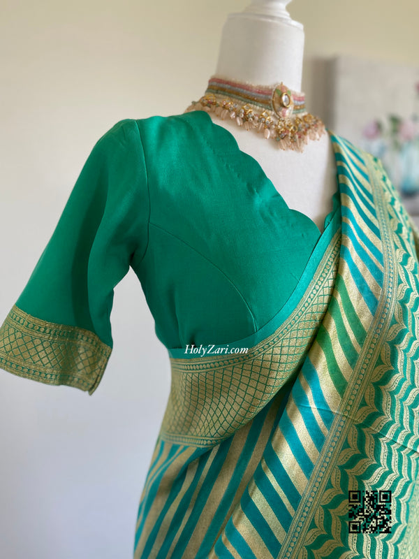 Aqua Blue Green Banarasi Khaddi Georgette Saree with stitched blouse