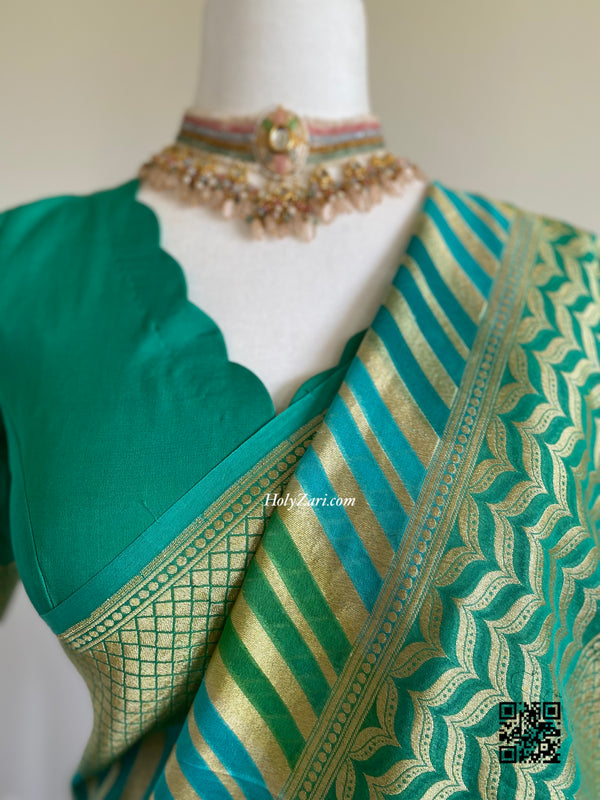 Aqua Blue Green Banarasi Khaddi Georgette Saree with stitched blouse