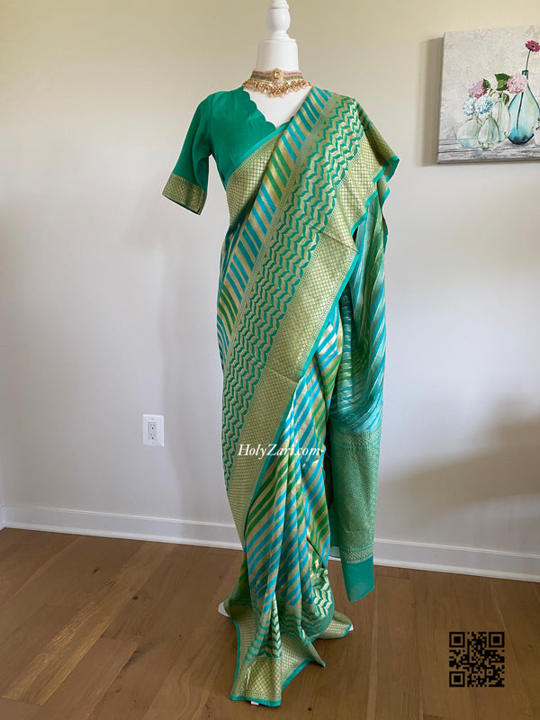 Aqua Blue Green Banarasi Khaddi Georgette Saree with stitched blouse