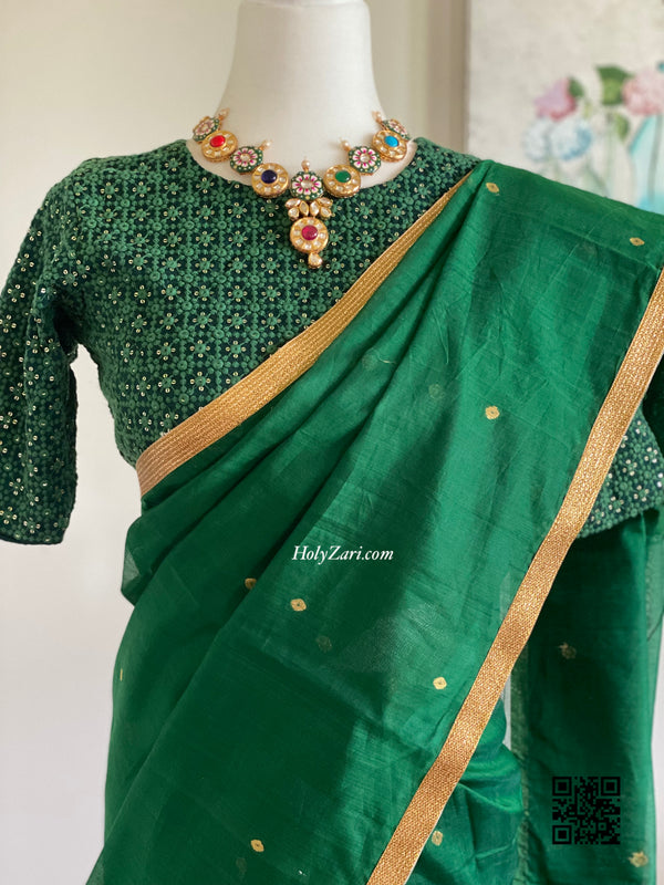 Bottle Green Chanderi Silk Saree with no blouse piece