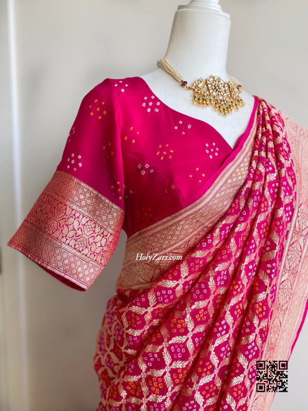 Hot Pink Banarasi Khaddi Georgette Saree in Rai Bandhej/Bandhani