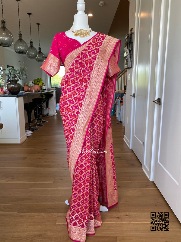 Hot Pink Banarasi Khaddi Georgette Saree in Rai Bandhej/Bandhani