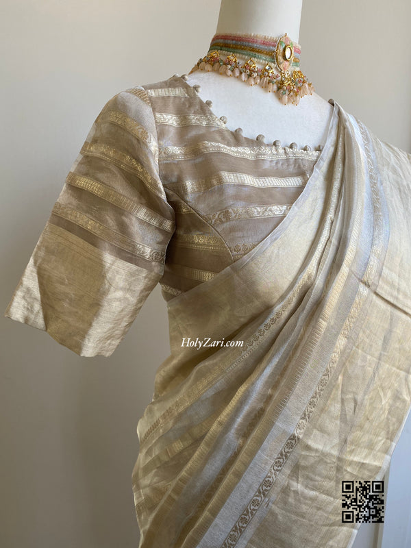 Golden/Silver Kora Banarasi Saree With Stitched Blouse
