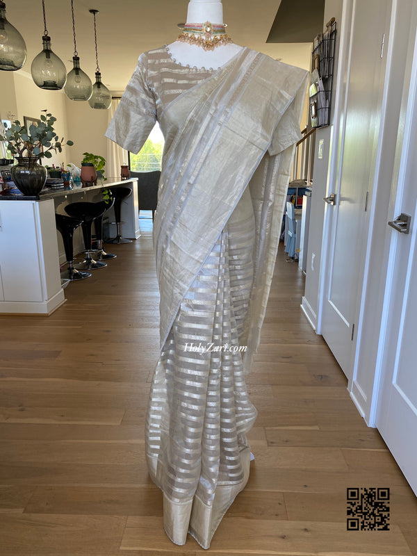 Golden/Silver Kora Banarasi Saree With Stitched Blouse