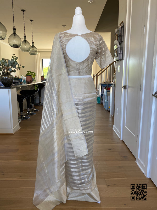 Golden/Silver Kora Banarasi Saree With Stitched Blouse