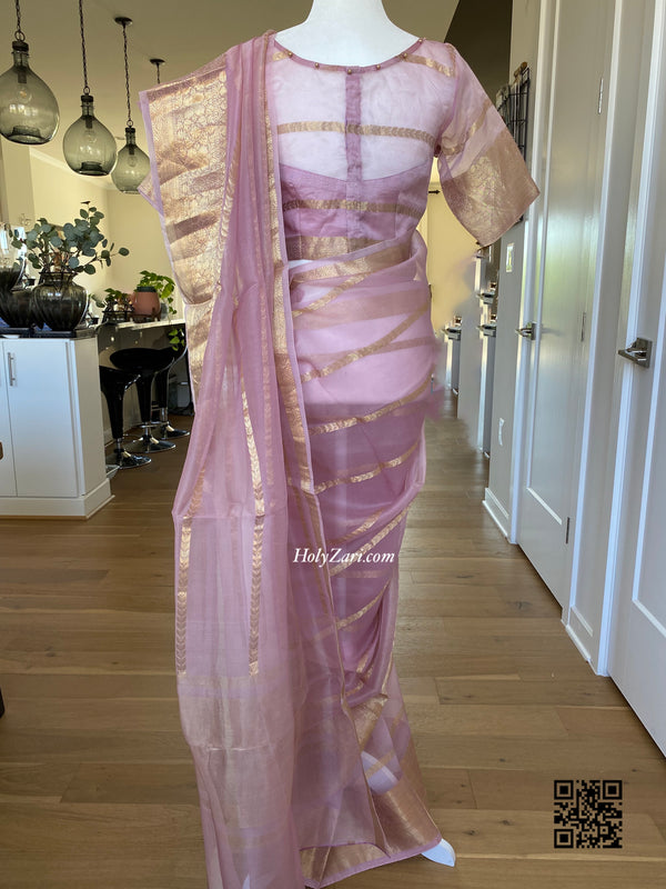 Pastel Pink Kora Banarasi Saree With Stitched Blouse