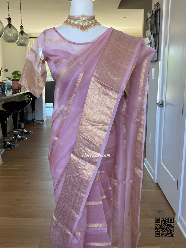 Pastel Pink Kora Banarasi Saree With Stitched Blouse