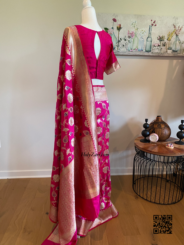 Magenta Pink Alfi Sona Rupa Meenakari Banarasi Pure Katan Silk Saree
