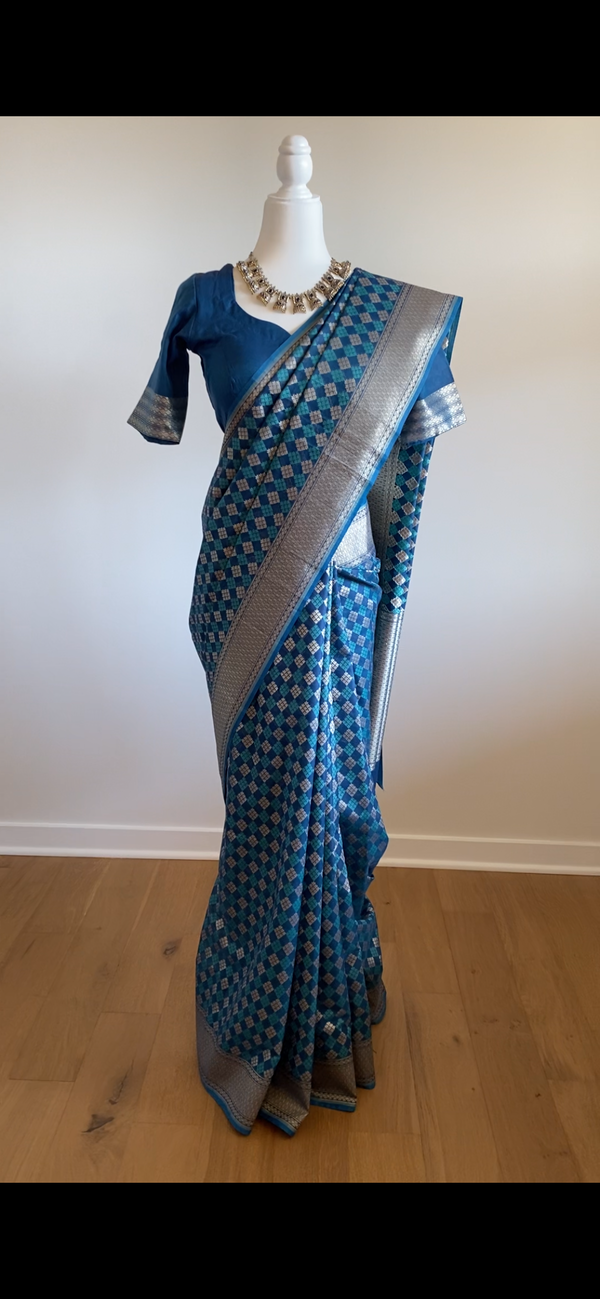 Blue Banarasi Mercerized Cotton Saree with Stitched Blouse